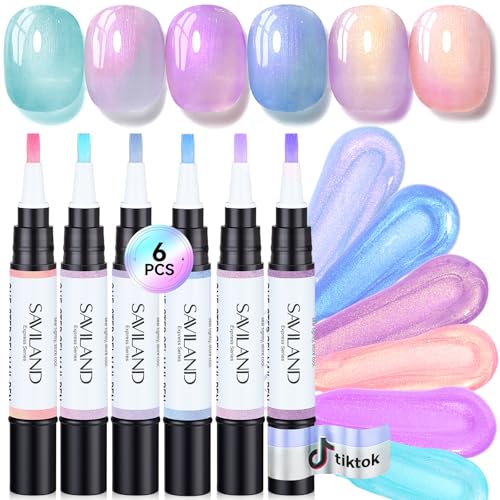 SAVILAND One-Step Gel Nail Polish Pens Set, 6 Colors Pearl Pink Blue | 3 in 1 Gel Polish Set Beginner, Base & Color Gel & Top in One Pen, Aurora Effect, Travel 4ml, U V Lamp Needed, Women Gift