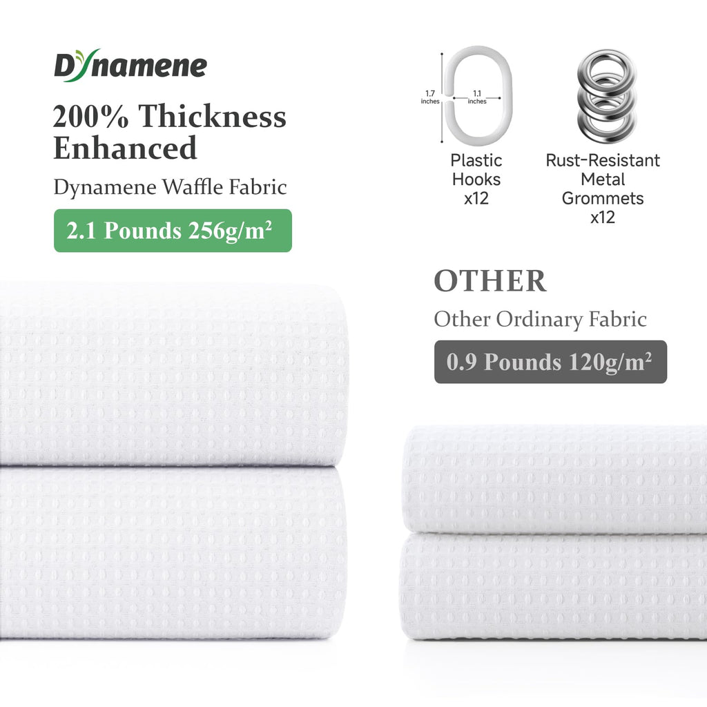 Dynamene Waffle Shower Curtain 256 GSM Heavy Duty Fabric 72"x72" White | Thick Textured Cloth, Weighted Hem, Water Repellent Washable, Hotel Luxury Polyester Shower Curtain Set for Bathroom 12 Hooks