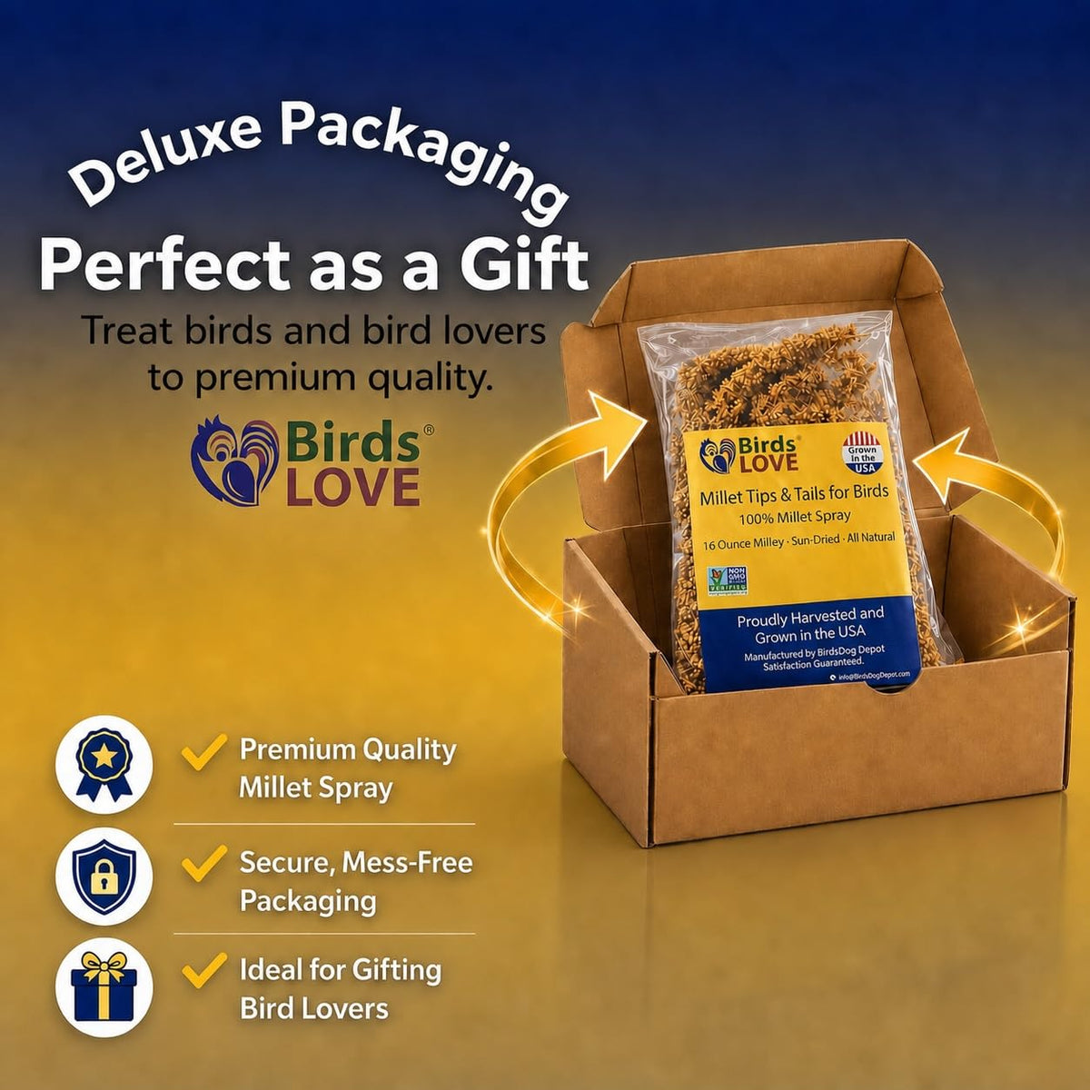 Birds LOVE® Millet Tips & Tails for Birds – Premium Spray Millet Treat, Non-GMO, USA Grown – Natural Bird Food for Parakeets, Cockatiels, Budgies, Lovebirds, Finches, Canaries & Parrots – 1 lb
