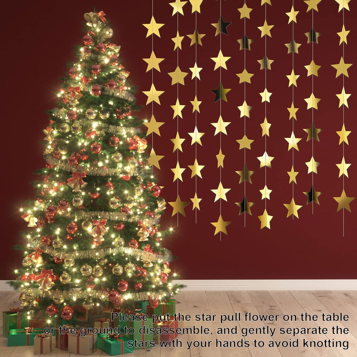 Patelai 130 ft Star Garland Banner Decor, Gold | Glitter Star Hanging Streamer, Twinkle Backdrop, Christmas Decorations, Birthday Supplies, Homecoming Party Decorations