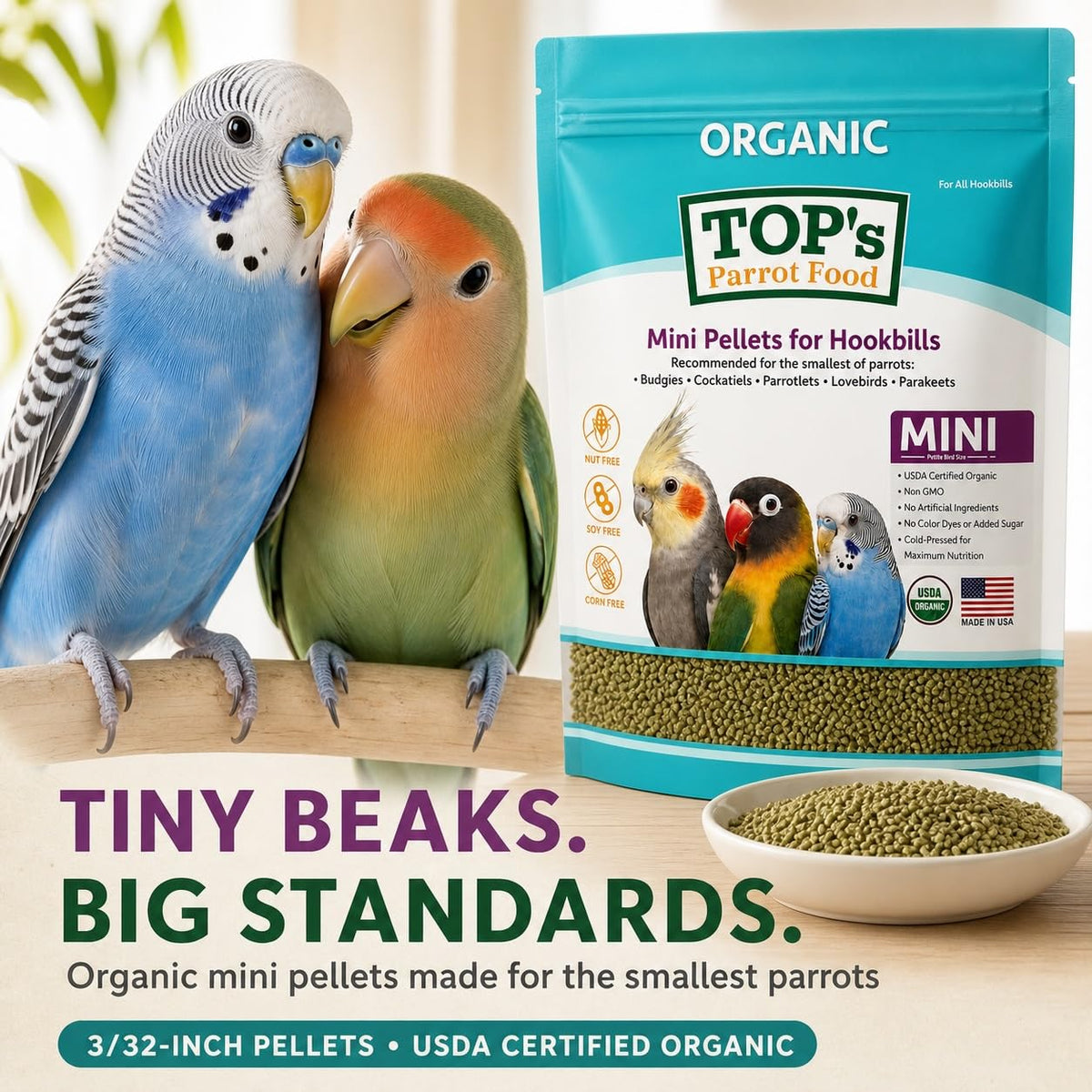 TOP's Mini Parrot Pellets 1 lb, USDA Organic Certified, Non-GMO Bird Food