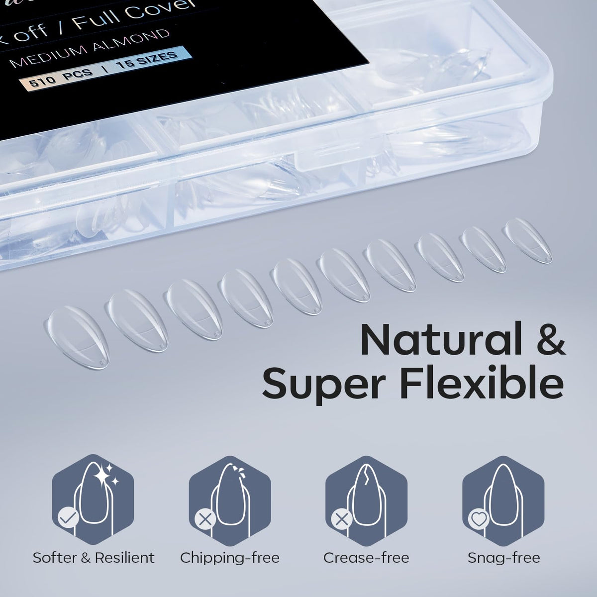 Modelones Almond Nail Tips 510pcs Medium Clear Soft Fake Press On Nails Tip | Pre Etched Half Matte Full Cover Clear Acrylic Gel False Press on Extension
