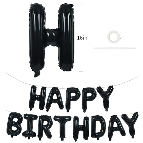 TONIFUL 16 Inch Black Happy Birthday Balloons Banner Decorations for Men | Reusable Foil Letter Birthday Sign Black Birthday Decoration for 16th 30th 50th 60th Boys Adults and Halloween Birthday Party