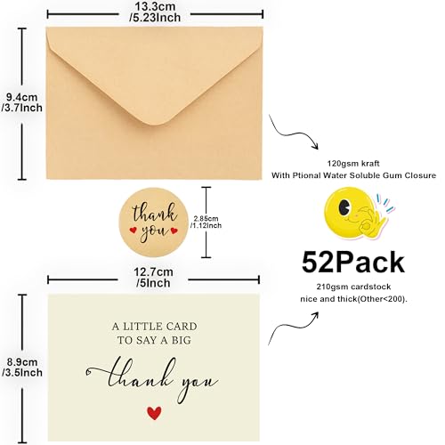 52 Pack 210GSM | Thank You Cards | Thank You Cards & Notes with Envelopes | Pefect for Baby Shower, Wedding, Teacher, Graduation, Business, Holiday, and Christmas | Teacher Appreciation Gifts