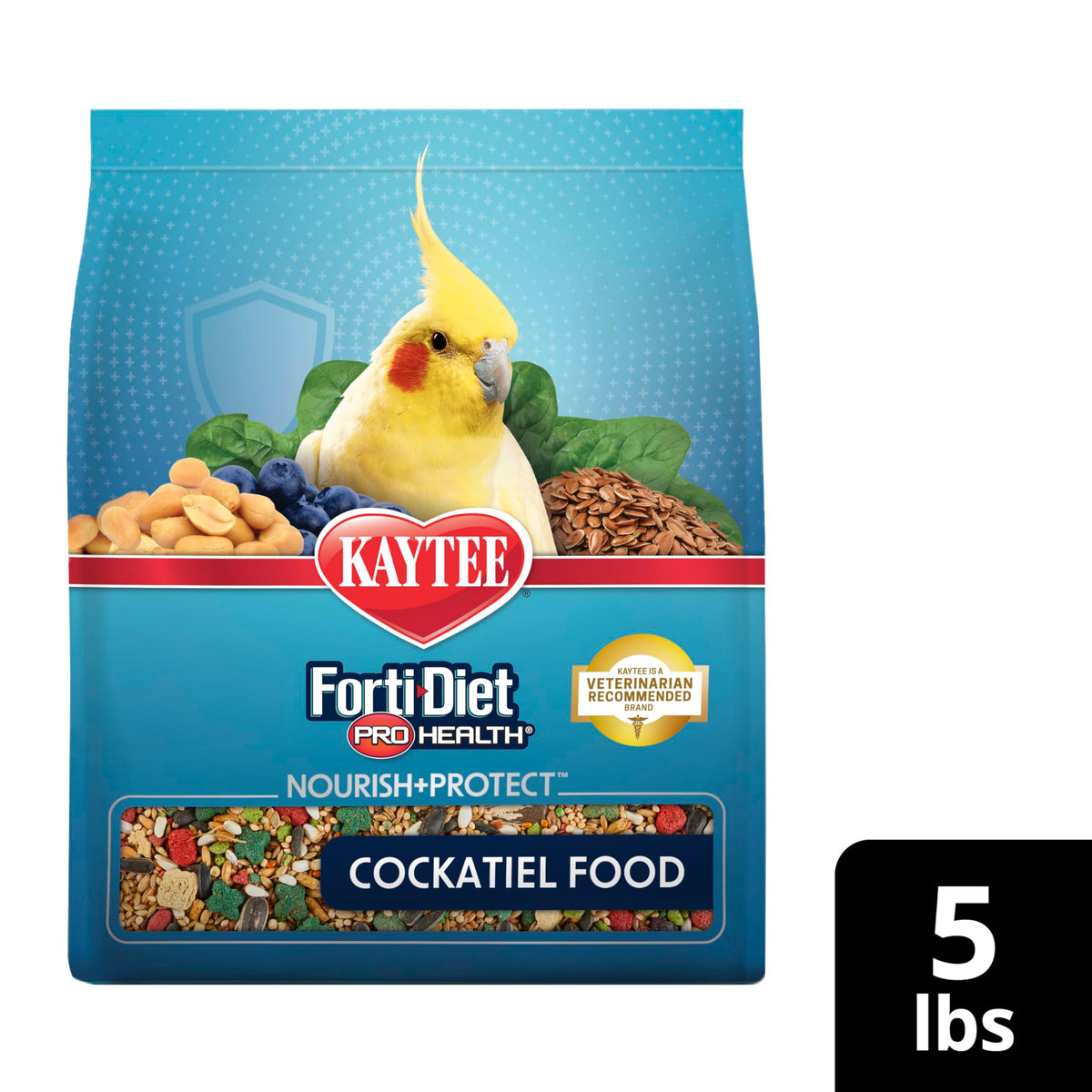 Kaytee Forti-Diet Pro Health Nourish+Protect Cockatiel Food, 5 lb | Digestive support daily. Parrot food for cockatiels. Prebiotics, probiotics, bird feed