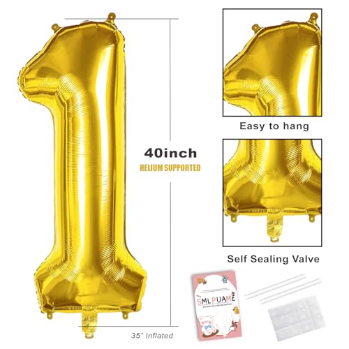Smlpuame 40 Inch Gold Number 1 Balloon, 1st Birthday Decoration Boys Girls | Large Self Inflating Number Balloons, Mylar Foil Helium Balloon for Women Men Party Anniversary Supplies Reusable