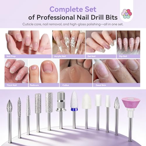 SAVILAND Nail Drill Professional 40000RPM 30S Fast Removal for Acrylic Nail | Low noise running, 4000mAh battery Long-Lasting, Complete drill bit set, Salon&mobile tech use, LCD display, Gradient Purple