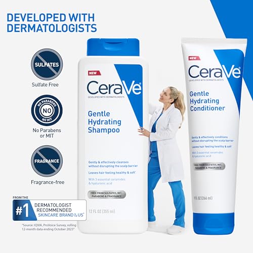 CeraVe Gentle Hydrating Shampoo with Hyaluronic Acid for Hair & Scalp, 12oz | Leaves Hair and Scalp Soft and Healthy-Looking with Ceramides, Niacinamide and A Color Safe Formula