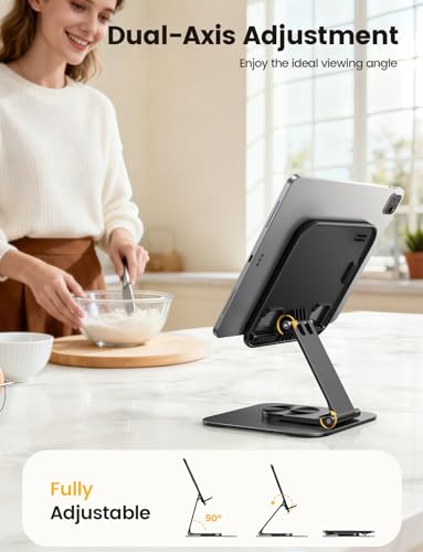 Lamicall Adjustable iPad Stand for Desk, Ultra-Slim Foldable, 360° Rotation | 360° Rotation Metal Base, Heavy-Duty Tablet Holder Stand for 4.7-13" iPad Pro Air Mini E-Reader Kindle Tabs Switch Stand