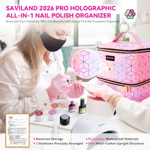 SAVILAND PU Leather Nail Polish Organizer Bag for Nail Tech, Pink | Holds 30 Bottles & Nail Lamp, Waterproof, Double-Layer, Adjustable Divider, Nail Organizers and Storage for Home and Travel