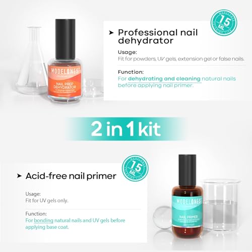 modelones Nail Dehydrator and Primer, Acid Free Prep Kit for Base Coat | Natural Hema-Free dehydrator & Bond Primer Prep Kit, Acrylic Nail Supplies 2 Pcs 15 ml