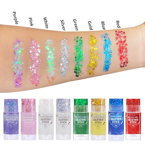Paminify Rainbow White Hair Glitter Stick for Kids,Halloween Mermaid Costume Body Face Glitter, Singer Concert Cosplay Glitter Makeup,Waterproof Sequins Rave Outfit for Women,Mardi Gras Accessories