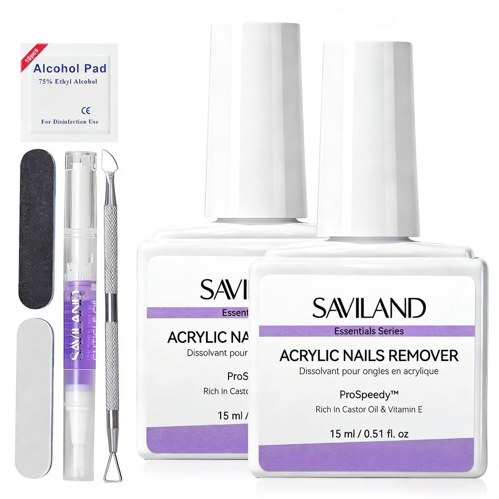 SAVILAND 2 Pcs Gentle Acrylic Nail Remover Kit Set for Acrylic Nails | No soaking, No wrapping, Cuticle Oil & Nail File Tools, Zero Residue, Remove Dip Nails Gel Nail Polish, Home Salon Use