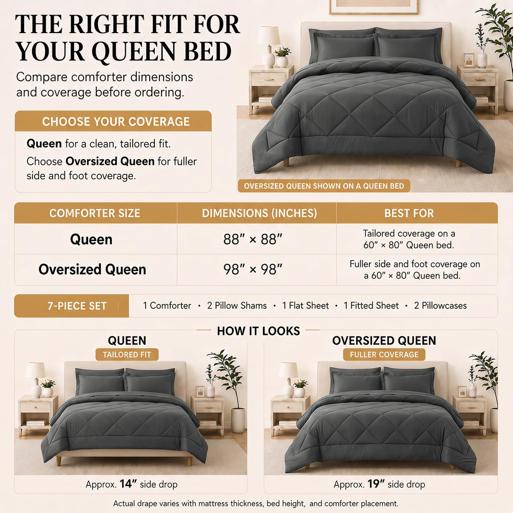 CozyLux Queen Comforter Set 88"x88" Dark Grey - 7 Piece Bed in a Bag | Fits Mattresses up to 14in, Sheets & Shams Included, OEKO-TEX Certified, 240GSM All-Season Fill, Couples & Guest Rooms