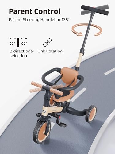 newyoo TR008 5-in-1 Tricycle for Toddlers 1-3, Toddler Bike, Birthday Gift | Toddler Trike with Safety Bar and Parent Push Handle Converts to Balance Bike, Fun Outdoor Toy for Boys and Birls, Khaki