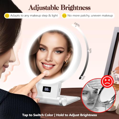 B Beauty Planet Magnifying Mirror with Light 30X, 2000mAh 1X/ 30X Magnifying Makeup Mirror with Standable Base & Tweezers, 3 Color Modes with Adjustable Brightness& Smart Display, Foldable for Travel