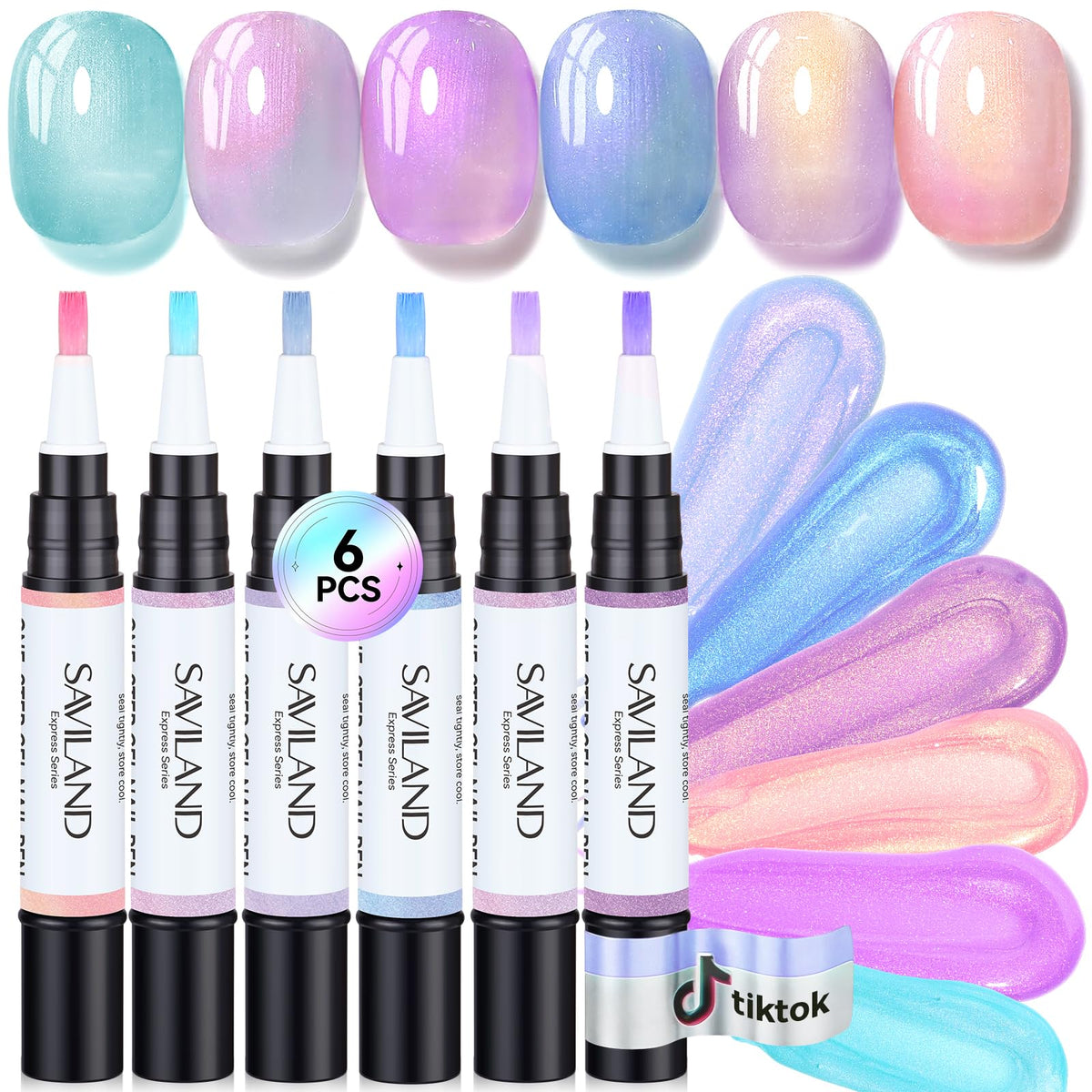 SAVILAND One-Step Gel Nail Polish Pens Set, 6 Colors Pearl Pink Blue | 3 in 1 Gel Polish Set Beginner, Base & Color Gel & Top in One Pen, Aurora Effect, Travel 4ml, U V Lamp Needed, Women Gift