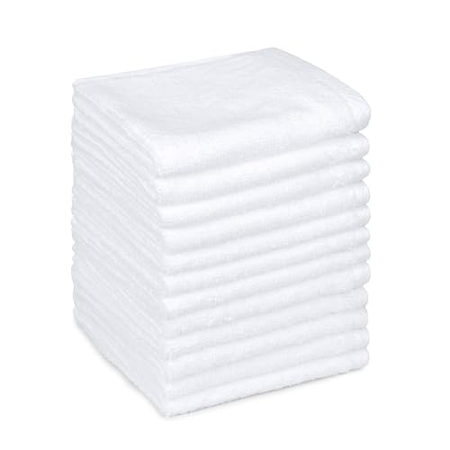 Amazon Basics Cotton Washcloths, Lightweight Quick-Dry, Absorbent Face and Body Towel Set, 12" x 12", White, 12-Pack