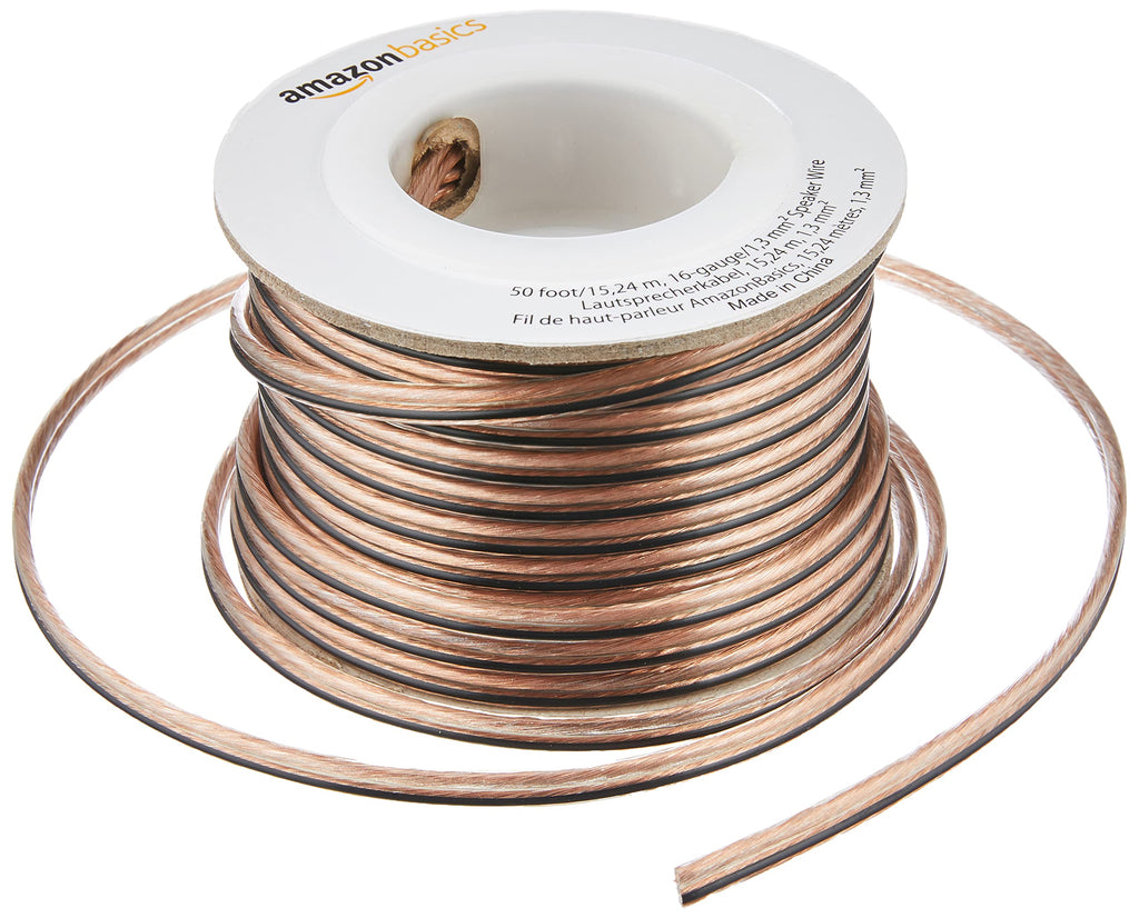 Amazon Basics 16-Gauge Speaker Wire Cable, Polarity Marked, 50 feet, Transparent