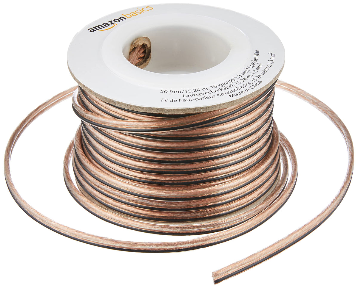 Amazon Basics 16-Gauge Speaker Wire Cable, Polarity Marked, 50 feet, Transparent