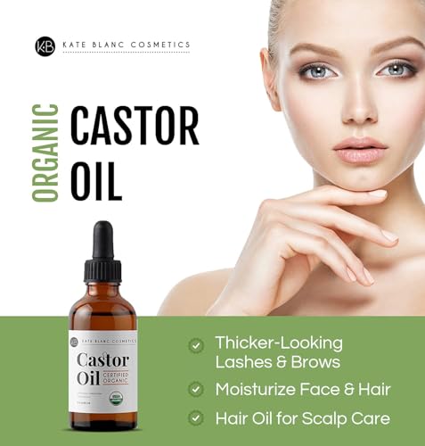 Kate Blanc Cosmetics Castor Oil Organic for Hair, Lashes, Face, Skin (2oz) | 100% Pure, Cold Pressed, Hexane Free Hair Oil in Glass Bottle. Lash Serum for Thicker-Looking Eyelashes & Eyebrows