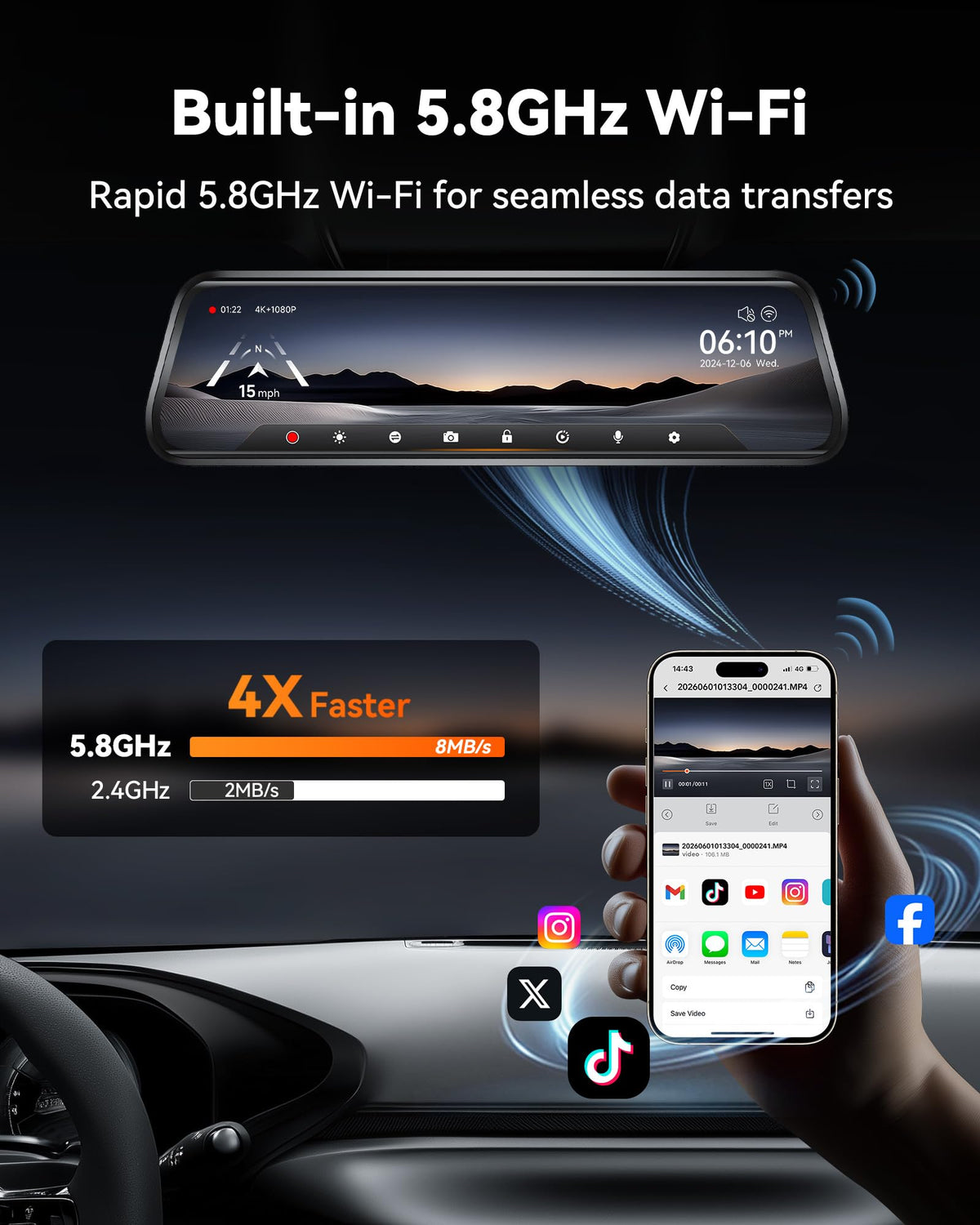 WOLFBOX G930 10'' 4K Rear View Mirror Camera with 64GB Card,5.8GHz WiFi | Dash Cam Front and Rear with WDR,Touch Screen Rearview Mirror Backup Camera,Night Vision,Parking Monitor,Reverse Assist,GPS
