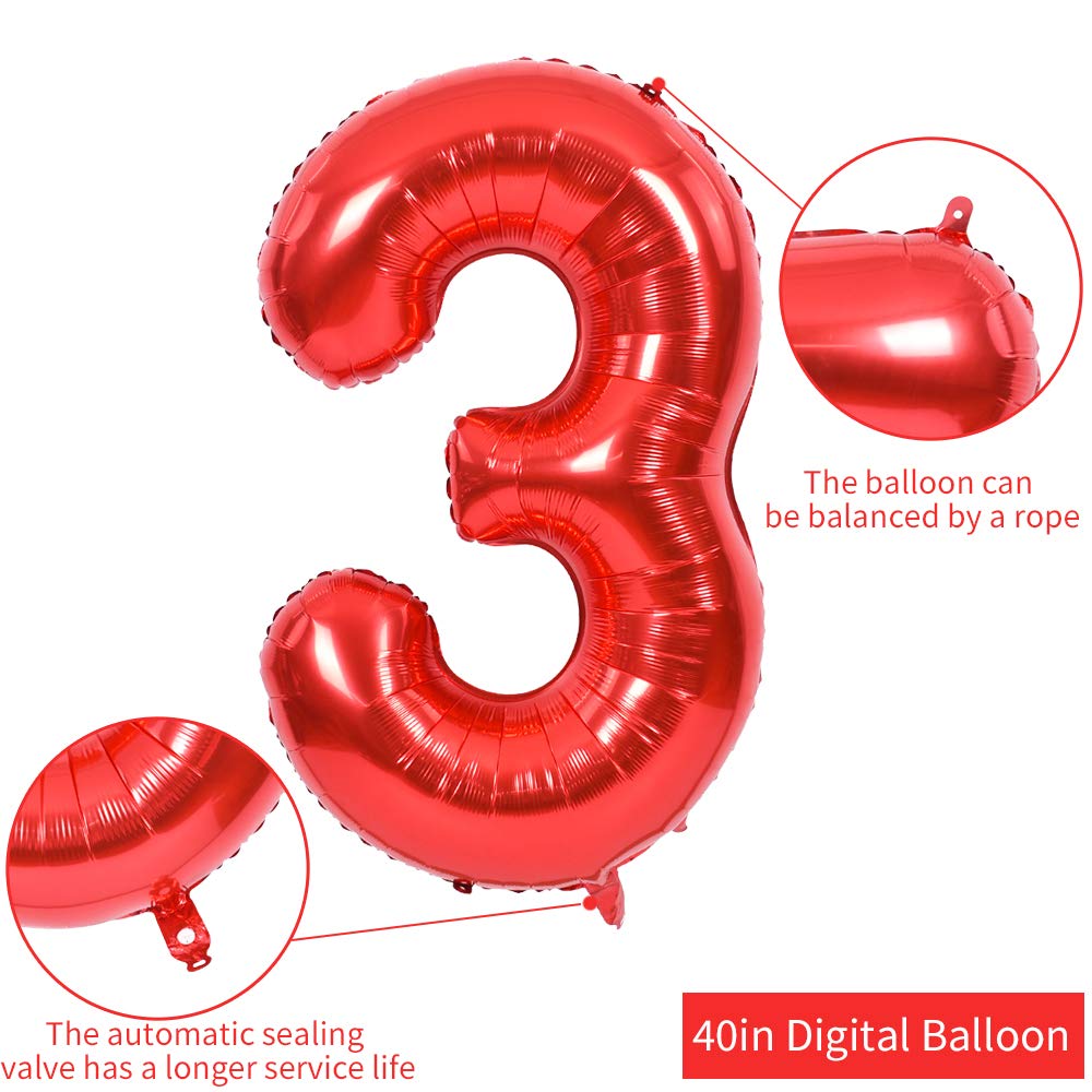 TONIFUL 40 Inch Red Number 3 Balloons Large Foil 3rd Birthday Decorations | Red 3 Balloon Number Three for 3rd 13th 23rd 30th Birthday 3 Year Anniversary, Red Birthday Decor for Men Women Boys Girls