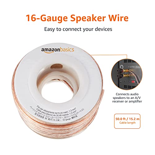 Amazon Basics 16-Gauge Speaker Wire Cable, Polarity Marked, 50 feet, Transparent