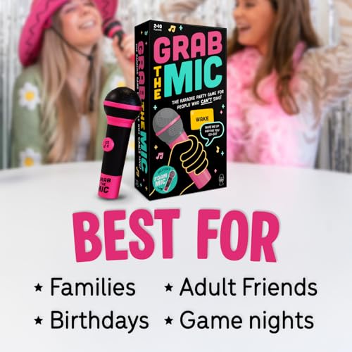 Grab The Mic - Award Winning Karaoke Party Game for Bad Singers w Foam Mic | 120 Word Cards (250 Words), 2-12 Players for Ages 8+. Perfect For Family Game Night, Birthdays & Sing-Off Parties.