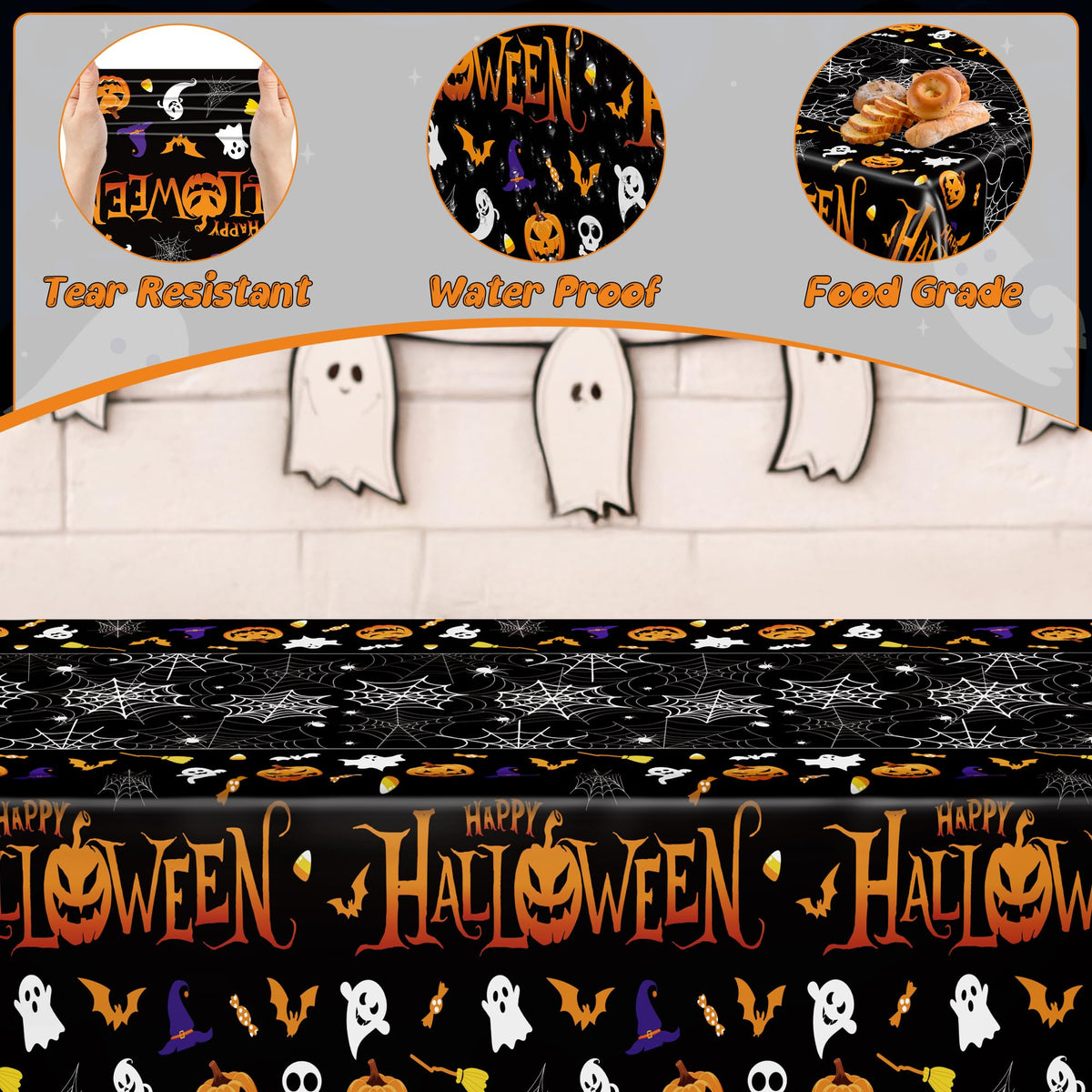 4 Pack Halloween Tablecloth 54 x 108 Inch Pumpkin Spider Web Table Cover | Disposable PE3 Plastic Tablecloth, Waterproof Tablecover for 6-8 Foot Tables, Halloween Pumpkin Decorations Party Tableware
