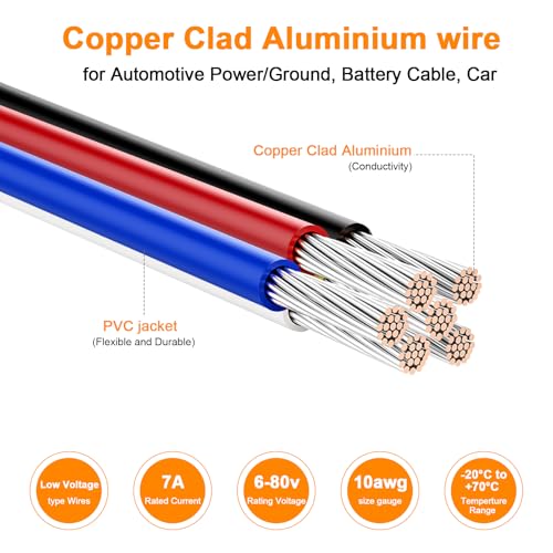 VIABRICO 10 Gauge Wire, for Automotive Power/Ground, Battery Cable, Car Audio, RV, Amp, CCA, Automotive Wire, Amp Kit, Battery Cables, Wiring Kit, (30 feet Each- Black/Red)