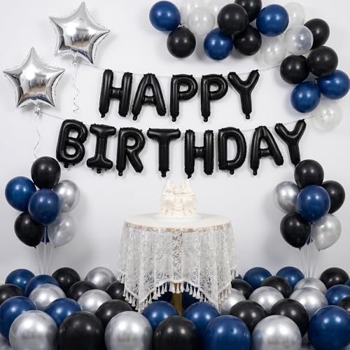 TONIFUL 16 Inch Black Happy Birthday Balloons Banner Decorations for Men | Reusable Foil Letter Birthday Sign Black Birthday Decoration for 16th 30th 50th 60th Boys Adults and Halloween Birthday Party