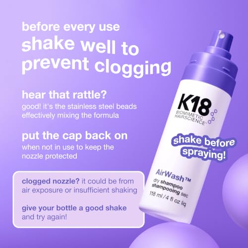 K18 AirWash Travel Non Aerosol Dry Shampoo Spray, 1.6 Fl Oz | Eliminate Odor, Reduce Oil + Sweat, No White Cast or Heavy Fragrance, Fresh Hair + Scalp for 3 Days