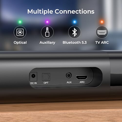 Assistrust Sound Bar for Smart TV, Soundbar with Bluetooth/ARC/Opt/AUX Connect, Auto Volume Boost, 3 Equalizer Modes, 2 in 1 Detachable Soundbar for TV/PC/Gaming/Projectors