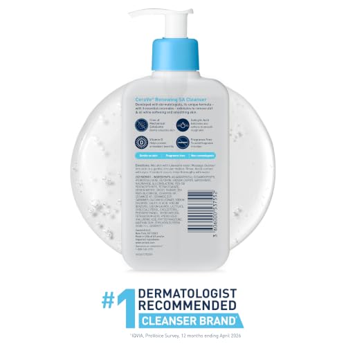 CeraVe Renewing Salicylic Acid Cleanser, Gentle Exfoliating Face Wash, 16oz | Skin Care with Hyaluronic Acid & Niacinamide, Facial Cleanser, Face Cleanser, Ceramides, Fragrance Free, Non-Comedogenic