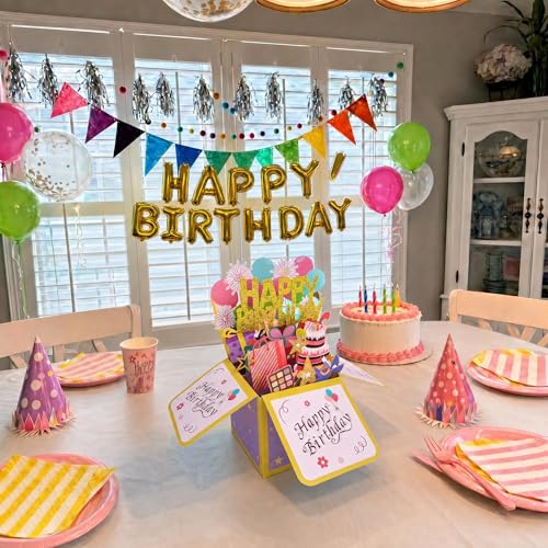 ROBBEAR Funny Happy Birthday Pop Up Card, Sweet 3D Birthday Gift Box for Adults and Kids with Envelopes, Unique Handmade Foldable Celebration Cards for Daughter, Son, Mom, Dad, Friend