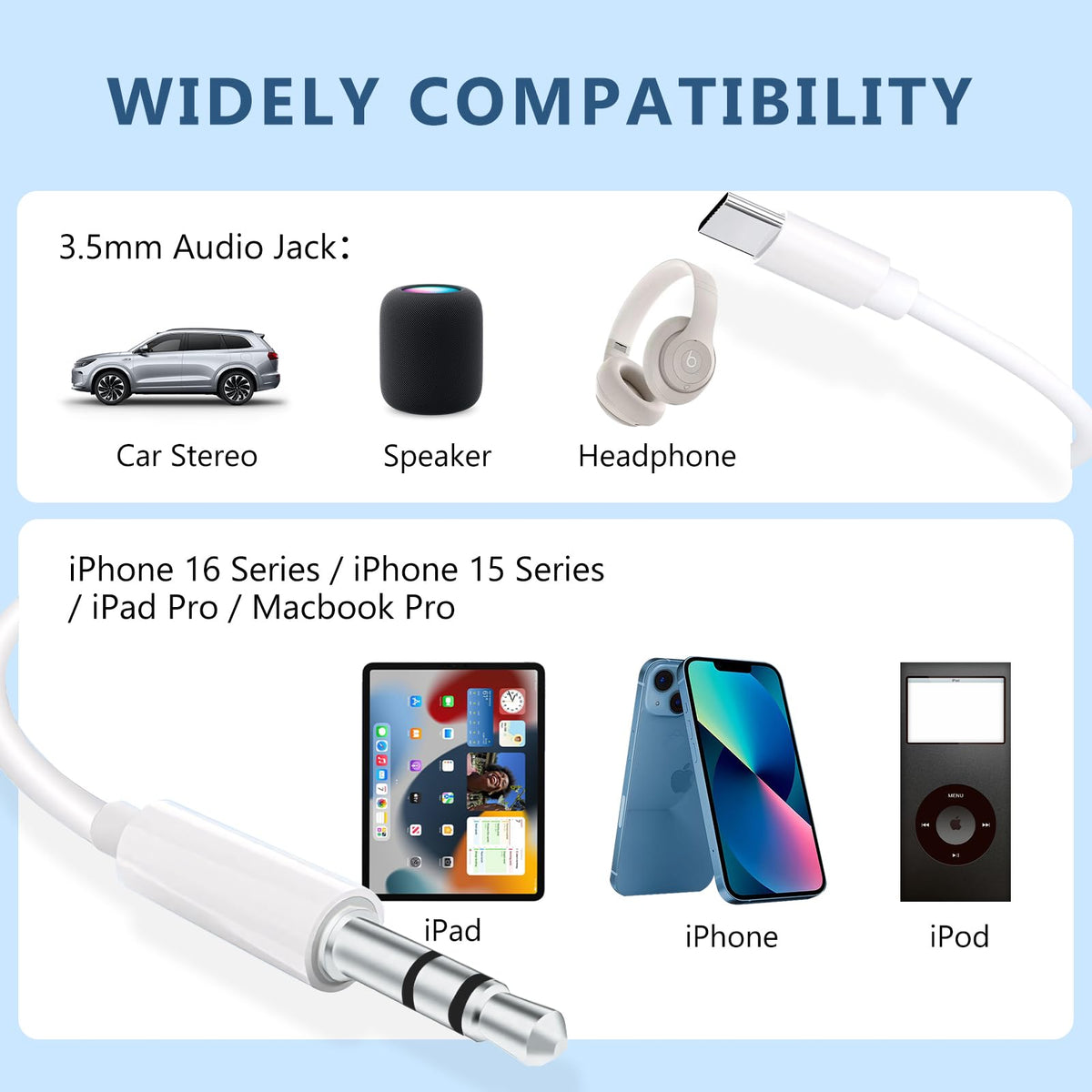 USB C to 3.5mm Audio Aux Jack Cable,3.3 ft, aux Cord for iPhone,Type C to 3.5mm Aux Headphone Stereo Cord Car Cable for iPhone 16/16 Pro, Samsung Galaxy S25 and Other iOS and Android Devices(White)