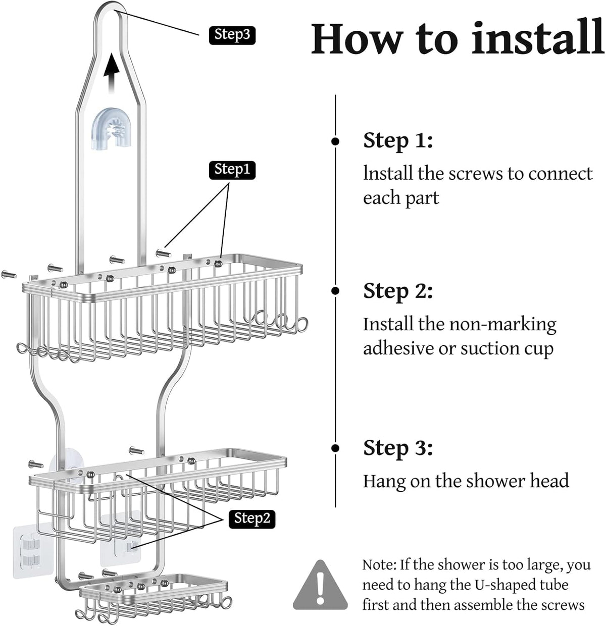 YASONIC Never Rust Shower Caddy Hanging, Aluminum Shower Racks for Inside Shower, 3-Tier Shower Organizer Hanging Over Shower Head with Hooks and Soap Holder, Silver