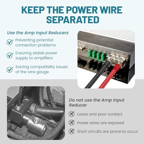 NuIth Amp Input Reducer 0 Gauge to 4 Gauge, 4PCS Car Audio Amplifier Wire Terminal Connectors Brass with Heat Shrink Tubing Allen Key for Amp Input, AWG Pin Power & Ground Connection