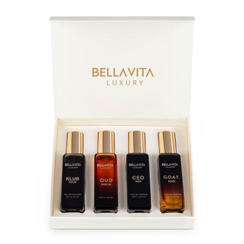 BellaVita Luxury Men's Perfume Gift Set with CEO Man, G.O.A.T., KLUB & OUD | 4 x 20ml (80ml) | Long Lasting Perfume for Men | Citrus, Woody, Patchouli & Caramel Notes