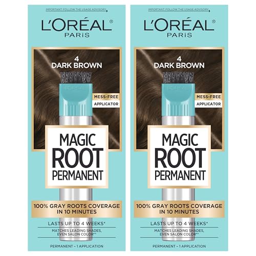 L'Oreal Paris Magic Root Permanent Hair Color Kit, 100% Gray Hair Coverage In Just 10 Minutes, Precision Brush Applicator for Seamless Application, 4 Dark Brown (2 Count)