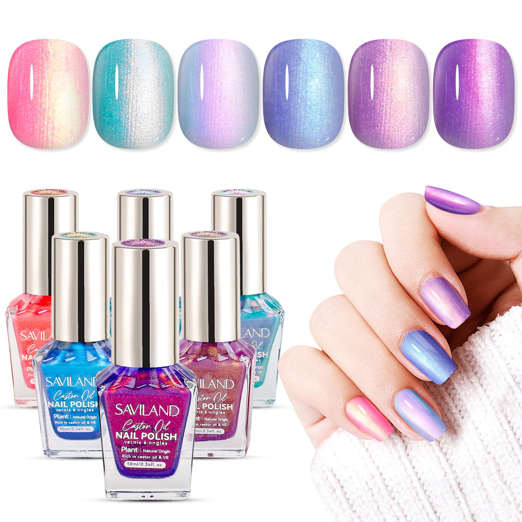 SAVILAND 6Pcs Ombre Nail Polish Set Charm Pink Blue Gold Purple | Quick Dry Pearl Summer Fingernail Polish Colors, Plant-based Castor Oil, Natural Nail Lacquer, Women Gift Home Manicure DIY