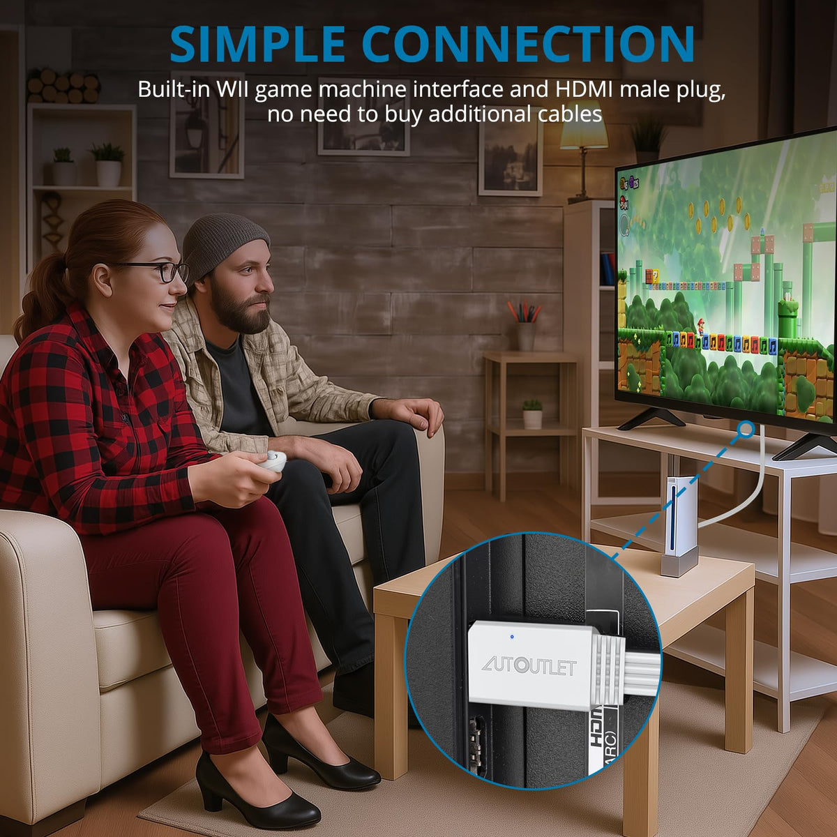 AUTOUTLET Wii to HDMI Adapter, 1080P Wii Converter Built-in 5ft HDMI Cable | for Full HD Device, Plug & Play, Compatible with Nintendo Wii, Wii U, Supports All Wii Display Modes, White