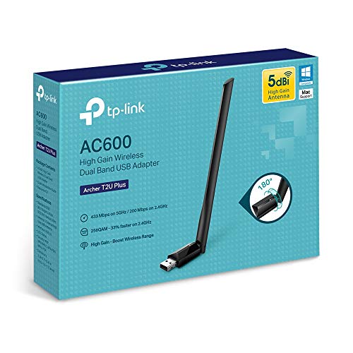 TP-Link AC600 USB WiFi Adapter for Desktop PC - USB Wireless Adapter for PC | WiFi dongle for PC with 2.4GHz, 5GHz High Gain Dual Band 5dBi Antenna, Supports Win11/10/8.1/8/7/XP, Black (Archer T2U Plus)