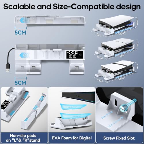 PS5/Slim/Pro Horizontal Stand with Cooling Fan & Charger for Original & Edge Controllers, Scalable Design PS5 Accessories Base with EVA Foams for All PS Five Disc & Digital, PS 5 Sideways Stand White