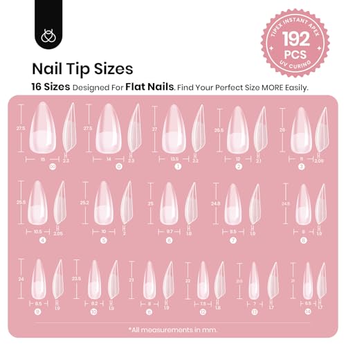 Beetles Tipex Instant Apex Nail Tips, Medium Stiletto 192pcs 16 Sizes 00-14 | No Builder Gel Needed, Etched-free Thicker Strong Acrylic Nails for DIY Salon-look Fake Nail Extensions