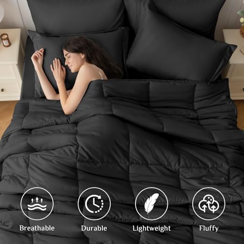 JOLLYVOGUE Queen Comforter Set, Ultra-Soft Bed in a Bag Queen Size 7 Pieces, Oeko-TEX Certified Bedding Set with Down Alternative Comforter, Sheets, Pillowcases & Shams, Black