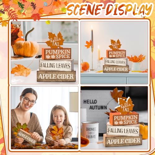 Moucuny 4 Pcs Fall Decor Wooden Maple Leaf Decoration Thanksgiving Decor | Rustic Stackable Blocks with Apple Cider Leaves Sayings,Thanksgiving Table Centerpiece, Farmhouse for Autumn Harvest Party