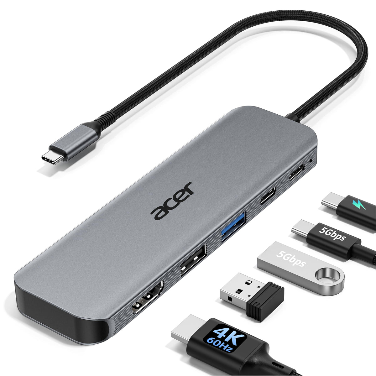Acer USB C Hub, 5-in-1 USBC to HDMI Adapter with 4K@60Hz for Laptop/Mac | USBC Splitter Docking Station with HDMI 2.0, 100W PD, USB-C, USB-A 3.0 & USB-A 2.0 Data Ports for iPad Pro, iPhone 17 Pro Max