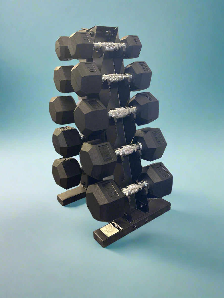 SFE 5-25LB Rubber Hex Dumbbell Set w/ A-Frame Rack (New)